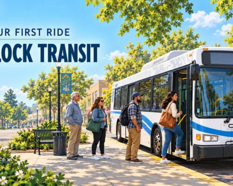 Editorial illustration of a city bus and passengers at a sunny bus stop for a Turlock Transit first-ride guide
