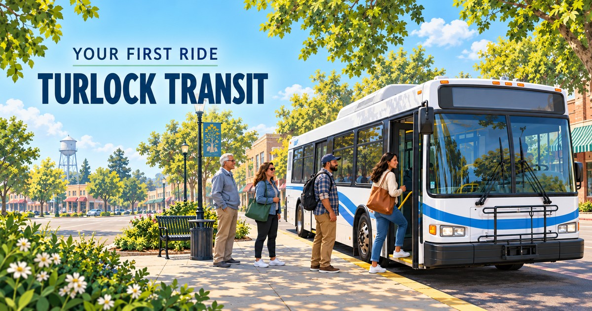 Editorial illustration of a city bus and passengers at a sunny bus stop for a Turlock Transit first-ride guide