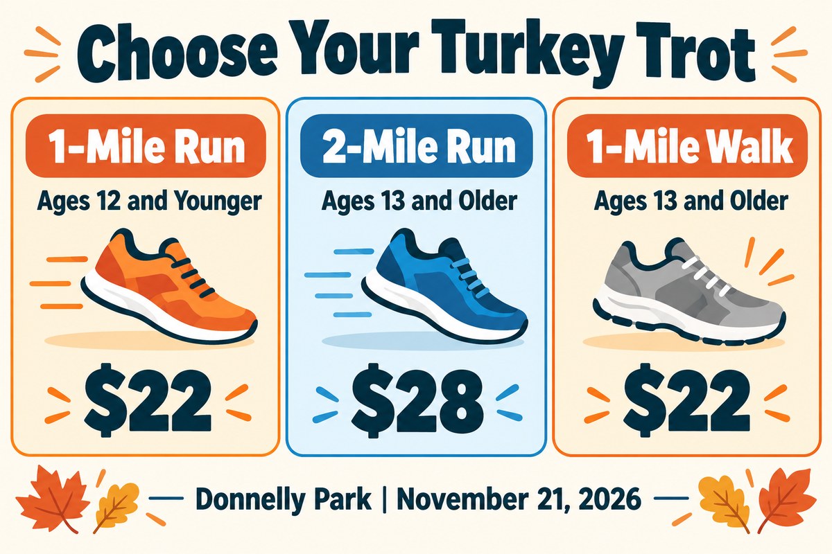 Race options: one-mile run for ages 12 and younger, $22; two-mile run for ages 13 and older, $28; one-mile walk for ages 13 and older, $22.