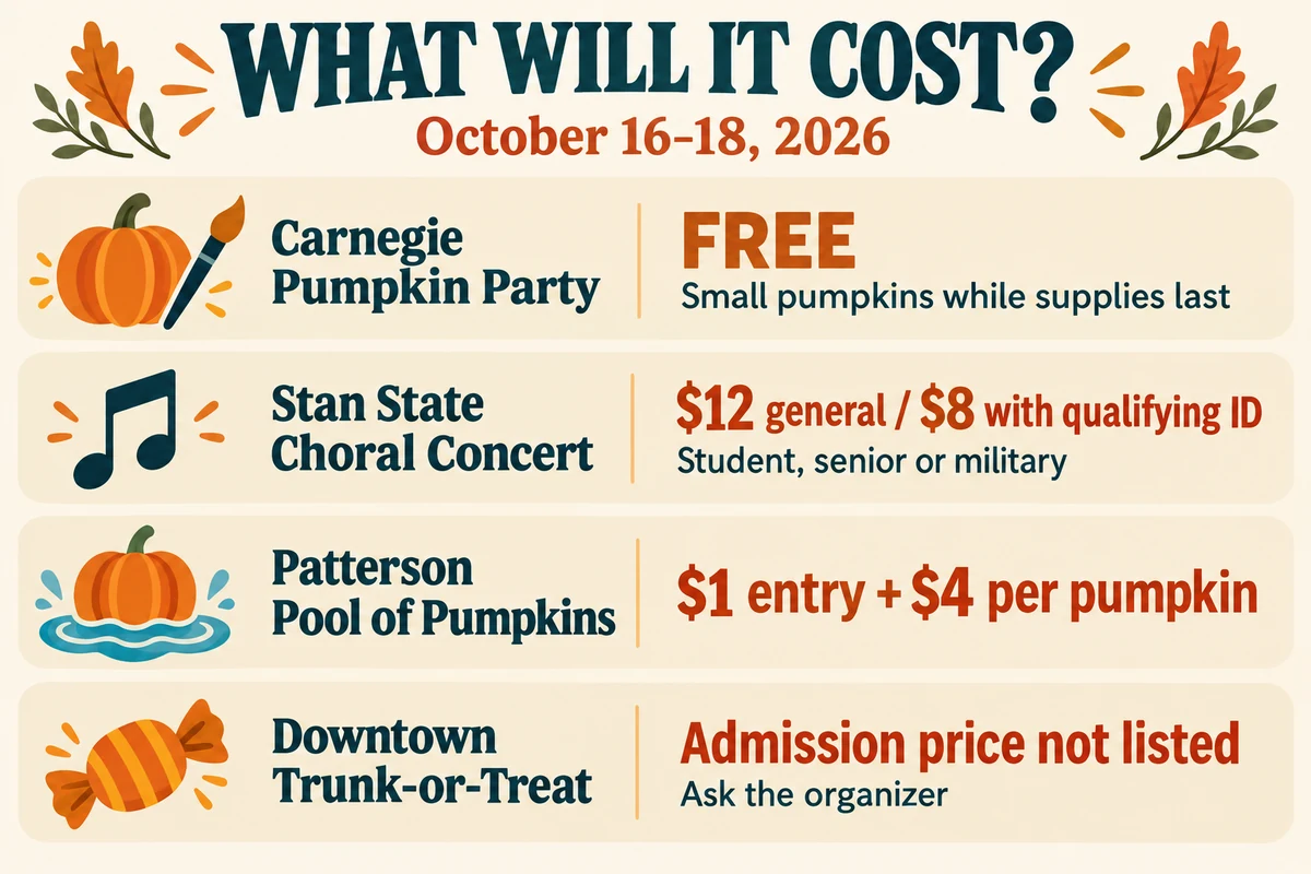 Admission comparison: Carnegie free; Stan State $12 general or $8 with qualifying ID; Patterson $1 entry plus $4 per pumpkin; trunk-or-treat price not listed.