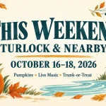 Illustrated Turlock weekend guide for October 16–18, 2026, with pumpkins, paintbrushes, music notes and candy.