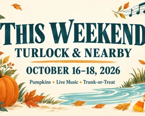 Illustrated Turlock weekend guide for October 16–18, 2026, with pumpkins, paintbrushes, music notes and candy.